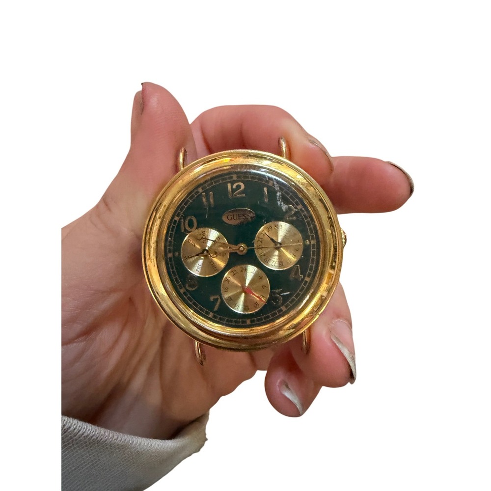 Vintage 1995 Guess Watch Head Green Dial Gold Tone Multi Function Sub Dials 38mm